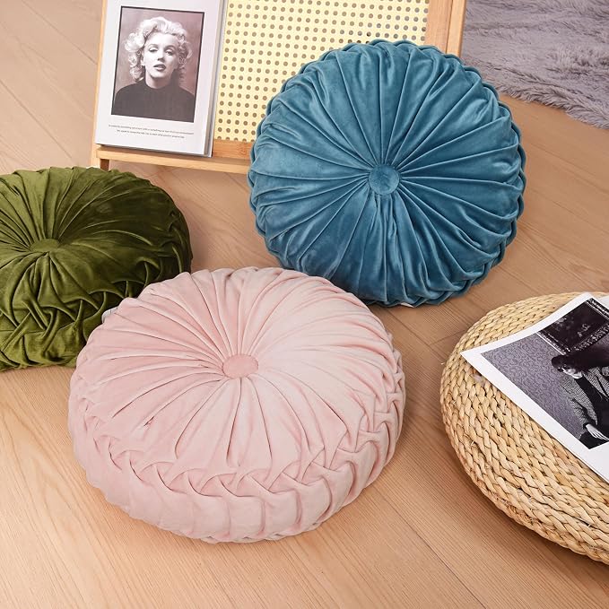 HIG Set of 2 Pink Velvet Decorative Round Pleated Throw Pillows | Vintage Floor - Image 5
