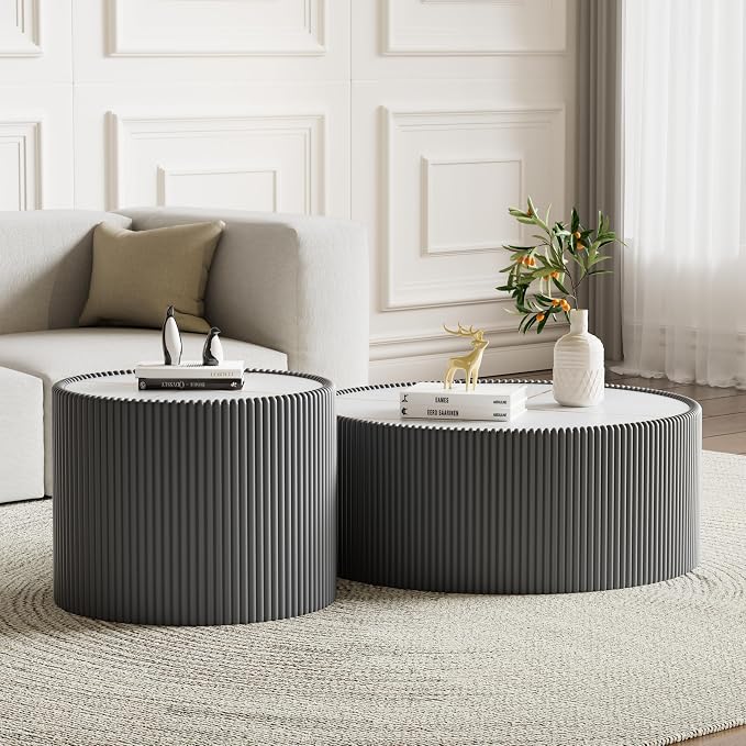 Round Marble Coffee Table Set of 2, 2 Piece White Coffee Table and End Table Set by Henf