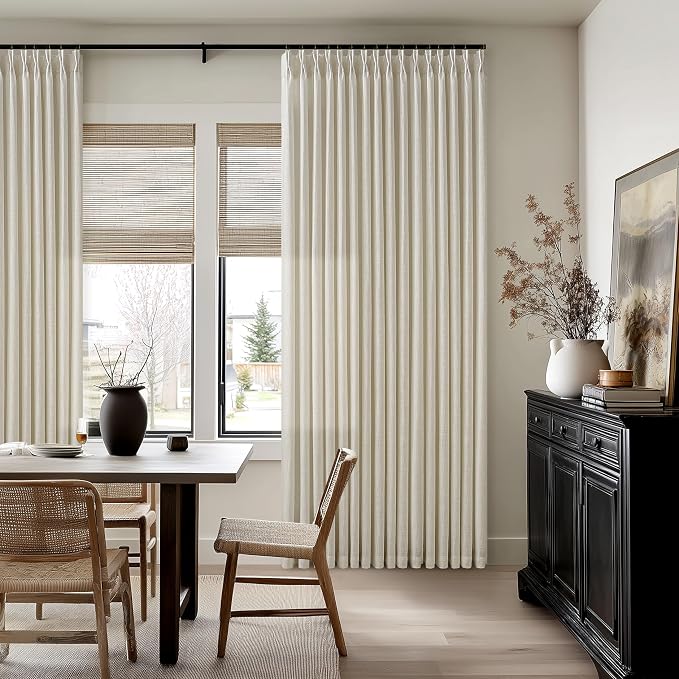 Pinch Pleated Beige Linen Semi Sheer Curtains 112 Inches Length 2 Panels | 112 - Image 7