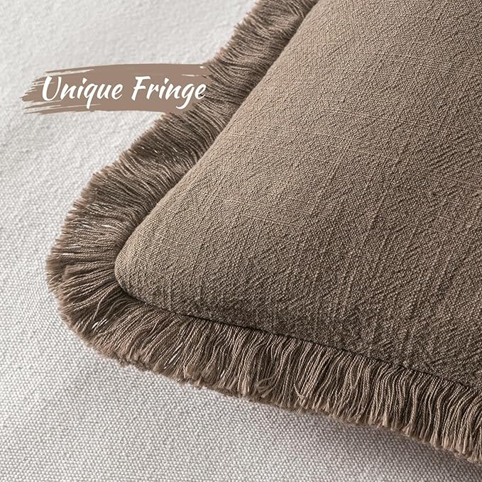 MIULEE Linen Fringe Decorative Fall Throw Pillow Covers Cocoa Brown 18x18 | Set - Image 3