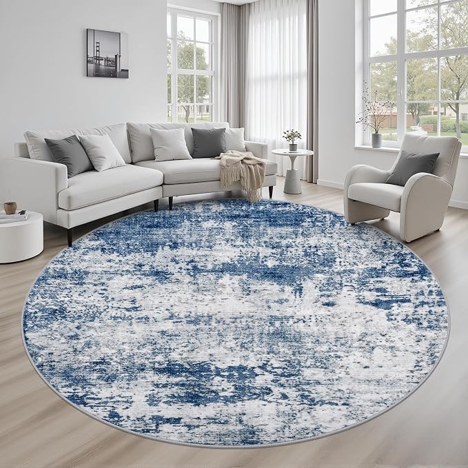 Round Area Rug Living Room: 8 ft Modern Washable Carpet Blue | by FXRHLP