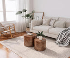 Round Nesting Coffee Table Set of 2, Modern Wooden Circle Burl Accent Tables - Image 9