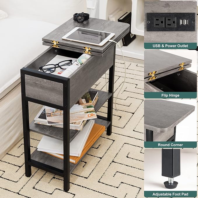Yoobure End Table with Charging Station, Flip Top Side Table with USB Ports and - Image 4