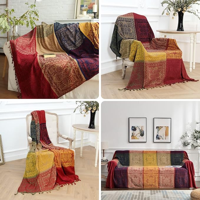 Boho Throw Blanket, Chenille Jacquard Tassels Throw Blankets - Image 4