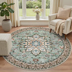 Round Area Rug for Living Room: 4ft Boho Washable Rug Brown Green | Vintage - Image 2