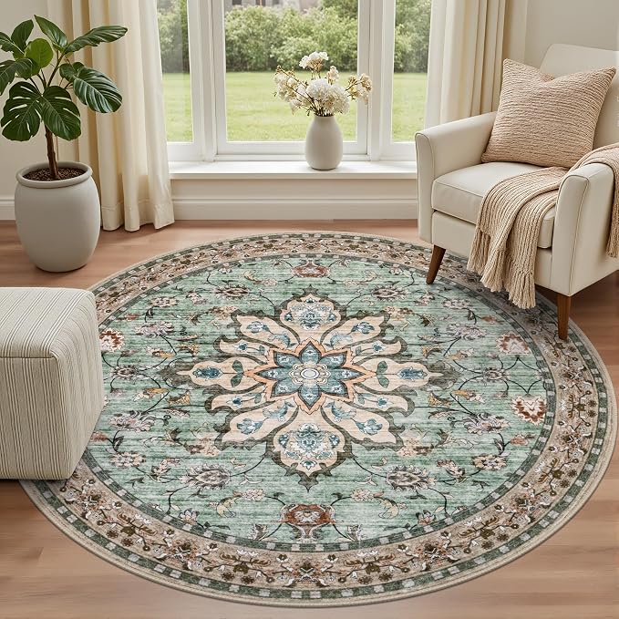 Round Area Rug for Living Room: 4ft Boho Washable Rug Brown Green | Vintage - Image 2