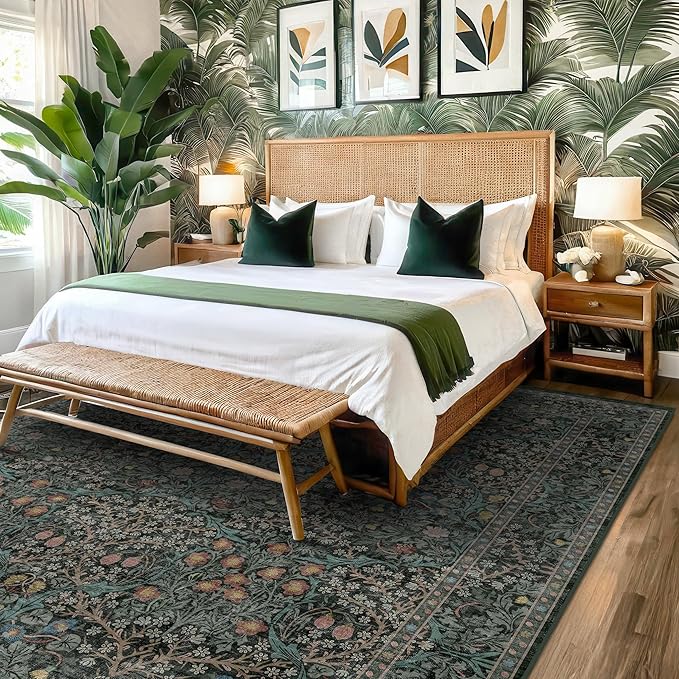 Dark Green Floral Living Room Rug 5x7 Area Rug - Image 8