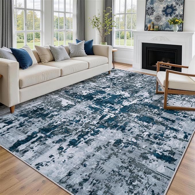 9x12 Area Rugs for Living Room Washable Bedroom Dining Room Navy Grey | Modern - Image 3