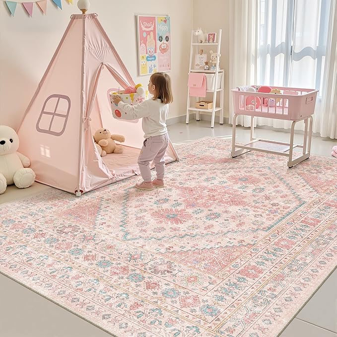 Pink Rugs for Bedroom-7x9 Area Rugs for Living Room, Girls Room | Washable Rugs by Zesthome