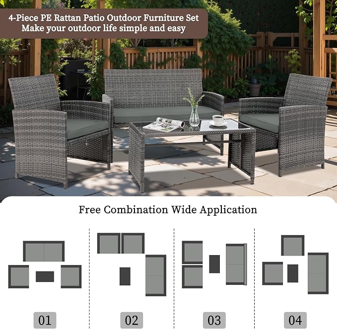 4 Piece Patio Ratten Set Outdoor Furniture Set Wicker Conversation Set - Image 2