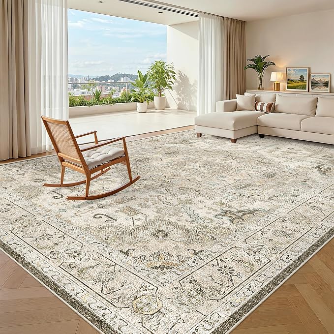 Madane 8x10 Area Rugs for Living Room, Non-Slip Washable Rug, Ivory/Brown | - Image 2
