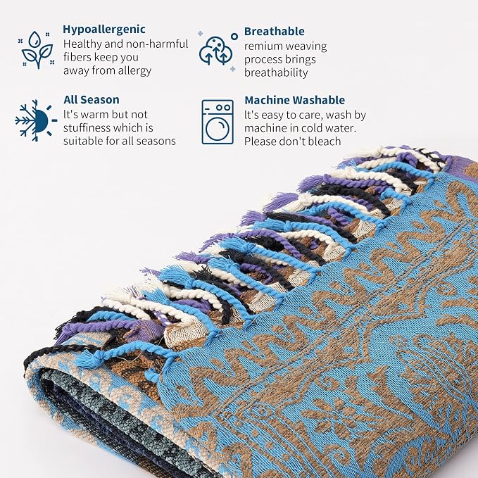 Boho Throw Blanket, Chenille Jacquard Tassels Throw Blankets - Image 5