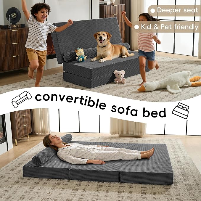 5-in-1 Convertible Sofa Bed, Corduroy Futon Couch Sleeper - Image 5
