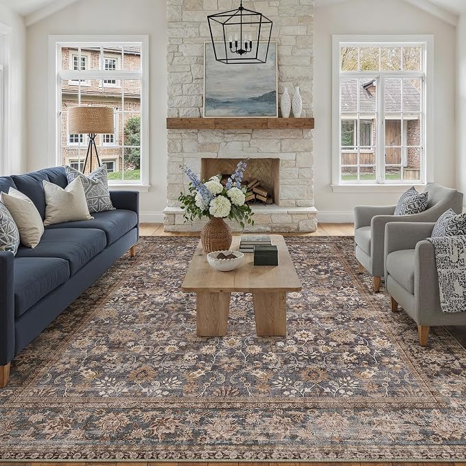 9x12 Brown Blue Vintage Floral Washable Area Rug by HUGEAR