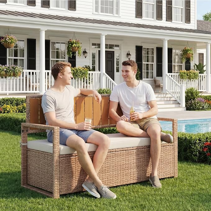 Outdoor Storage Bench with Cushion, Hand-Woven Yellow Wicker Deck Box with by GarveeHome