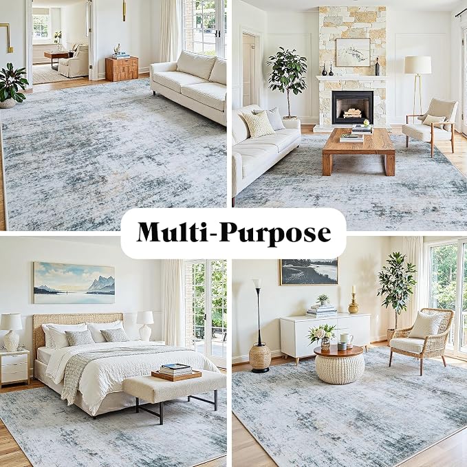 9x12 Washable Area Rug for Living Room Bedroom: Non-Slip Modern Blue Grey | - Image 3