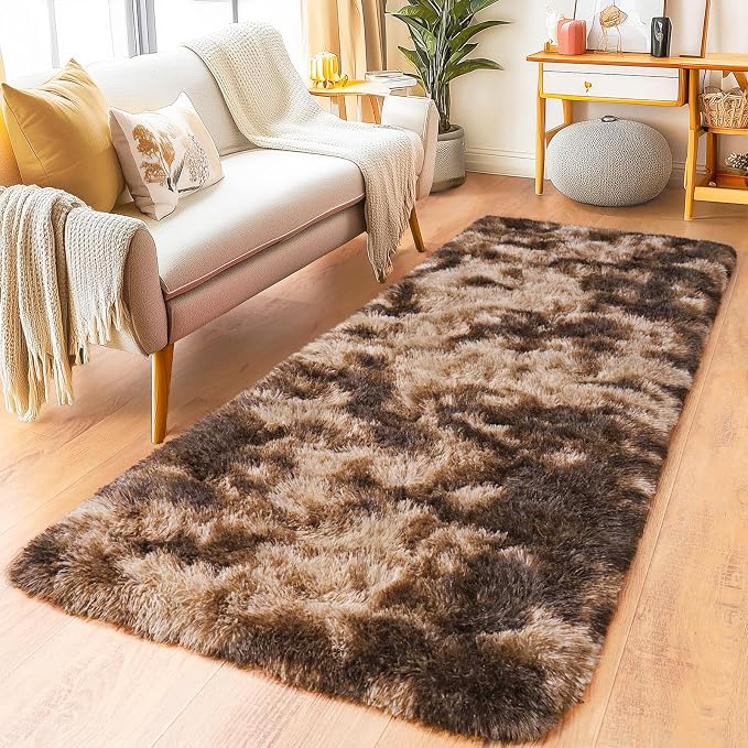 Pionblank Fluffy Runner Rugs for Bedroom 2x6, Tie-Dyed Coffee | Modern Shaggy - Image 2