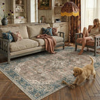 5x7 Blue Brown Retro Floral Washable Area Rug by HUGEAR