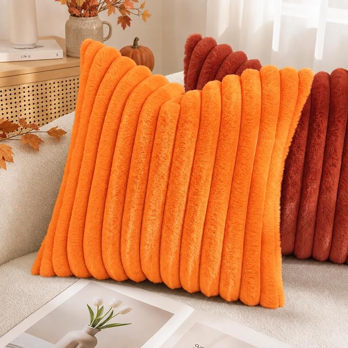 decorUhome Fall Faux Fur Throw Pillow Covers 12x20 Set of 2 Orange | Decorative - Image 6