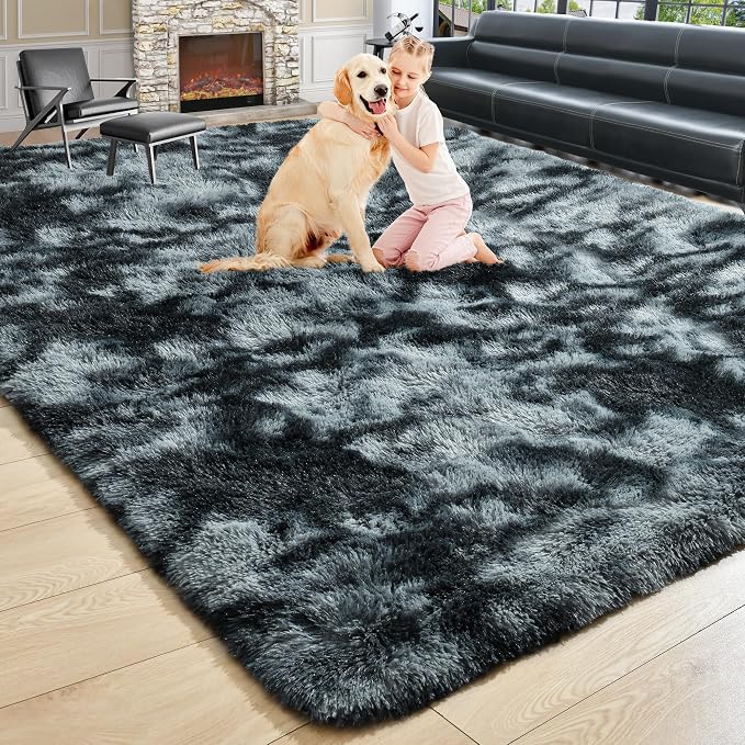 6x9 Large Tie-Dyed Black and Grey Fluffy Area Rug Non-Slip by ModernHomeDecor
