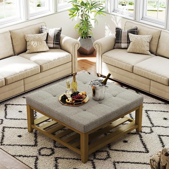 Befurtori Large Square Ottoman Coffee Table, Linen Solid Upholstered Footrest - Image 4