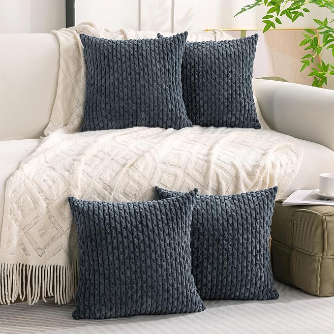 Set of 4 Grey Blue Decorative Throw Pillow Covers 16x16 Inch Corduroy Pillow - Image 2