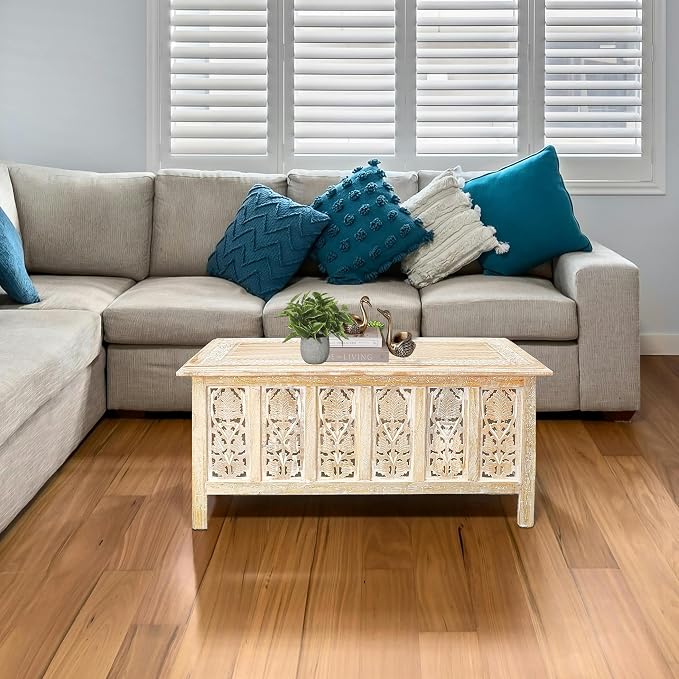 Rectangular Coffee Table – 36x18 Inch White Wash Finish Modern Wooden Center - Image 7