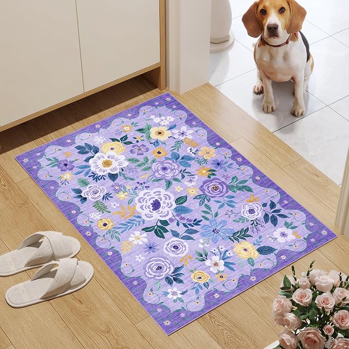 DUKINO 2x3 Entryway Rug, Floral Door Mat Soft Washable Rug Non Slip, - Image 3