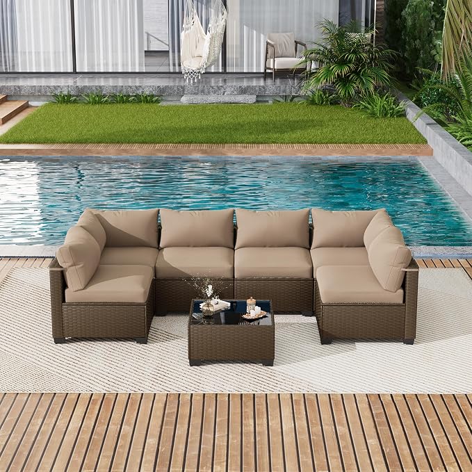 LOUVIXA 7 Piece Outdoor Patio Furniture Set, Outdoor Sectional Sofa, Wicker - Image 8