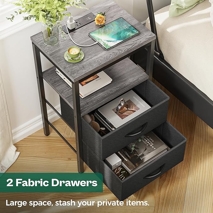 Huuger Nightstand with Charging Station, Side Table with Fabric Drawers - Image 4