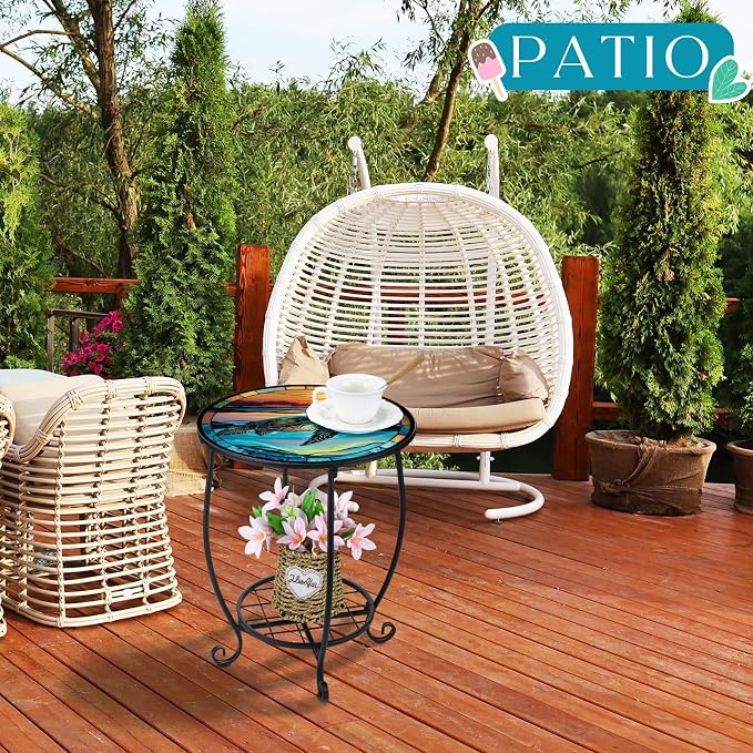 Cinnvoice Outdoor Side Table Round Small Mosaic Patio Accent Indoor End Plant - Image 5