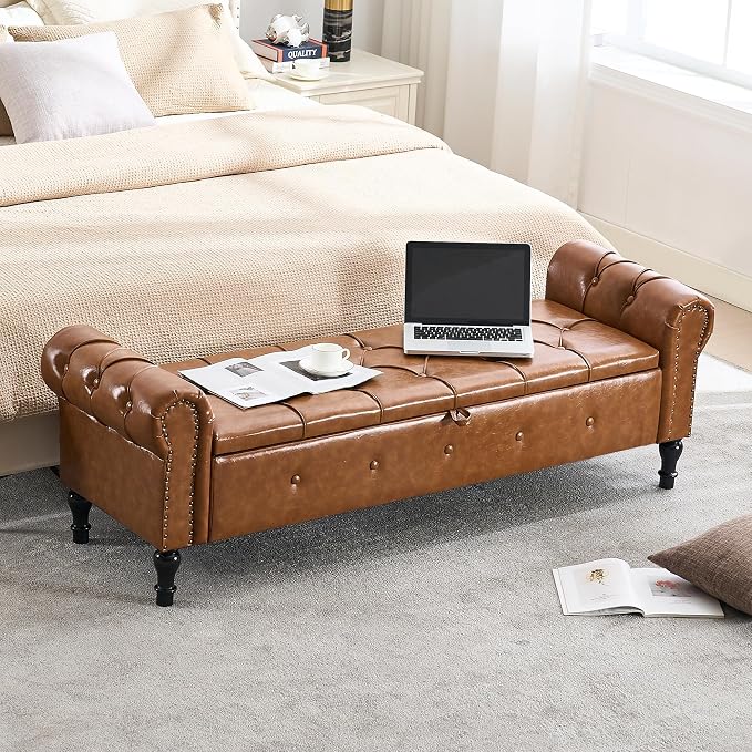 Storage Bench for Bedroom, Faux Leather 67" End of Bed Bench, King Size Bench - Image 3