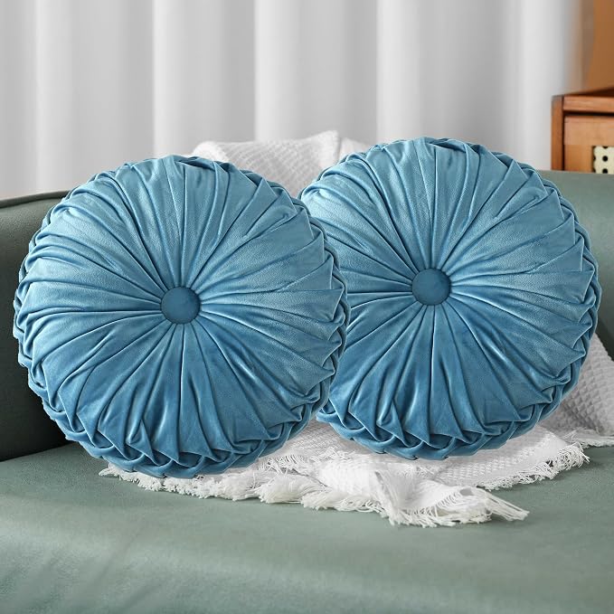 HIG Set of 2 Dusty Blue Velvet Decorative Round Pleated Throw Pillows | Vintage by HIG