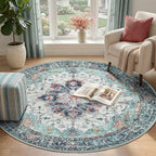 RELEANY Washable Area Rug, Round 4ft, Teal Green/White/Navy | Non-Slip - Image 2