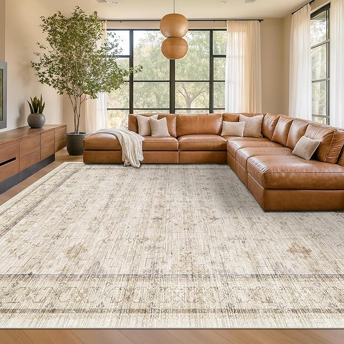 Washable Ivory Living Room Rug, 8x10 Non Slip Area Rugs by HazoHaus