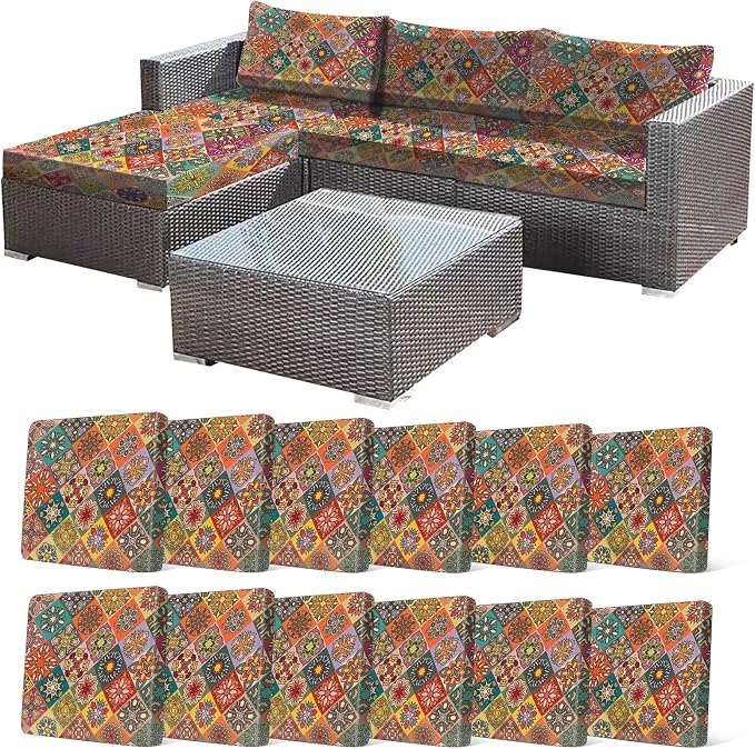 CALBODE 12Pcs Stretch Patio Cushion Cover, Bohemian Geometric Pattern | by CALBODE