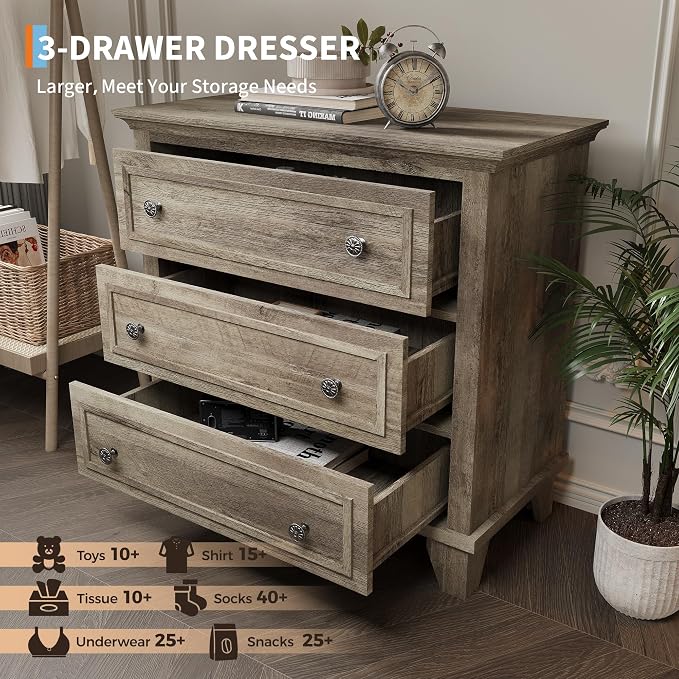 IDEALHOUSE 3 Drawer Dresser, Wooden Storage Chest of Drawers - Image 4