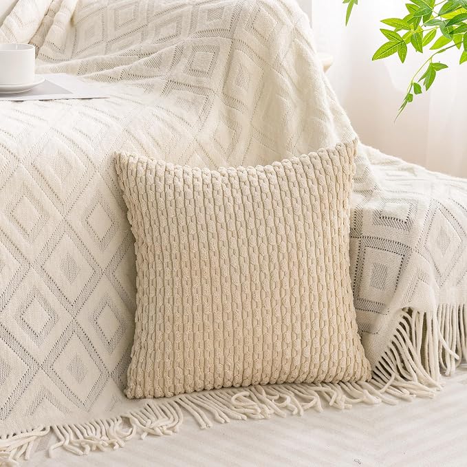 Set of 4 Beige Brown Coffee Decorative Throw Pillow Covers 24x24 Inch Corduroy - Image 6