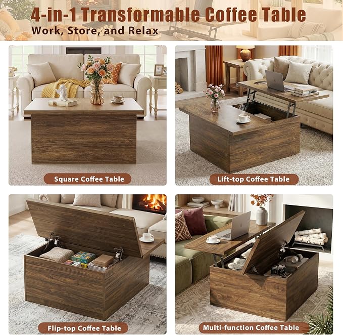 HUAHUU 31.5" Lift Top Coffee Table, 4 in 1 Square Coffee Table - Image 3