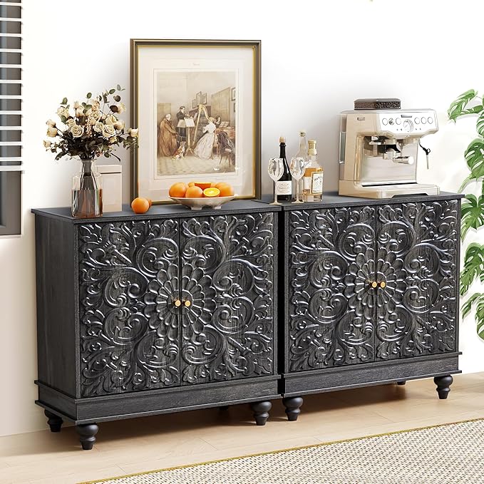 weselon Accent Cabinet Set of 2, Classic Carved Buffet Cabinet Storage Sideboard by WelcometoFurnitureSalon