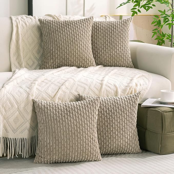 Set of 4 Taupe Decorative Throw Pillow Covers 24x24 Inch Corduroy Pillow Covers - Image 9