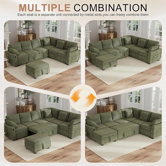 Hanherry Sectional Couch with Pull Out Sofa Bed, Corduroy Sleeper Sofa with - Image 7