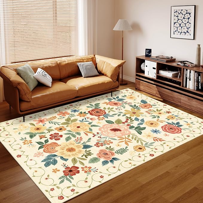 DUKINO 8x10 Area Rug, Floral Washable Living Room Rug Non Slip Beige Yellow | - Image 4