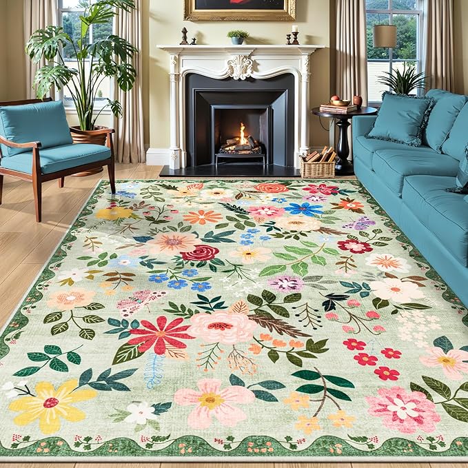PLHXFR Area Rug 10x14 Living Room: Floral Washable Boho Soft Carpet Green | by PLHXFRSoftAreaRugs