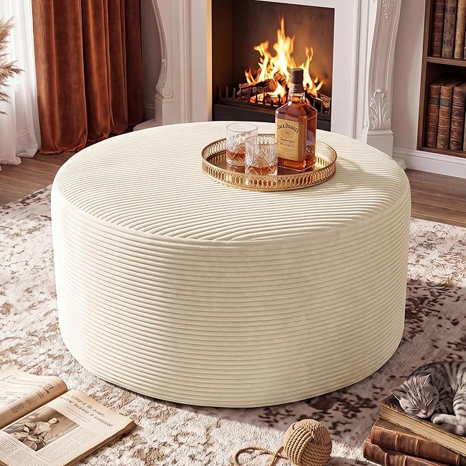 BSHOMGI Round Ottoman, Corduroy Ottomans Foot Stool, 27.5" Pouf Footstool by BSHOMGI