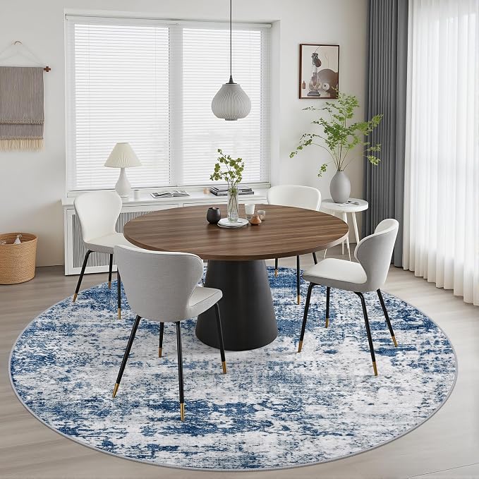 Round Area Rug Living Room: 8 ft Modern Washable Carpet Blue | - Image 3