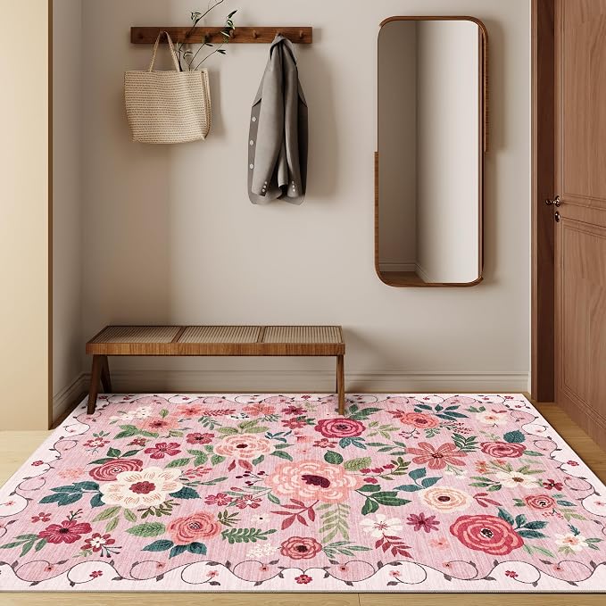DUKINO 4x6 Area Rug, Floral Washable Rug Non Slip Office Chair Mat, Stain - Image 3