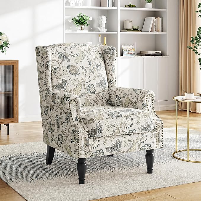 Floral Print Wingback Accent Chair, Retro Modern Farmhouse Armchair by PiaRicco