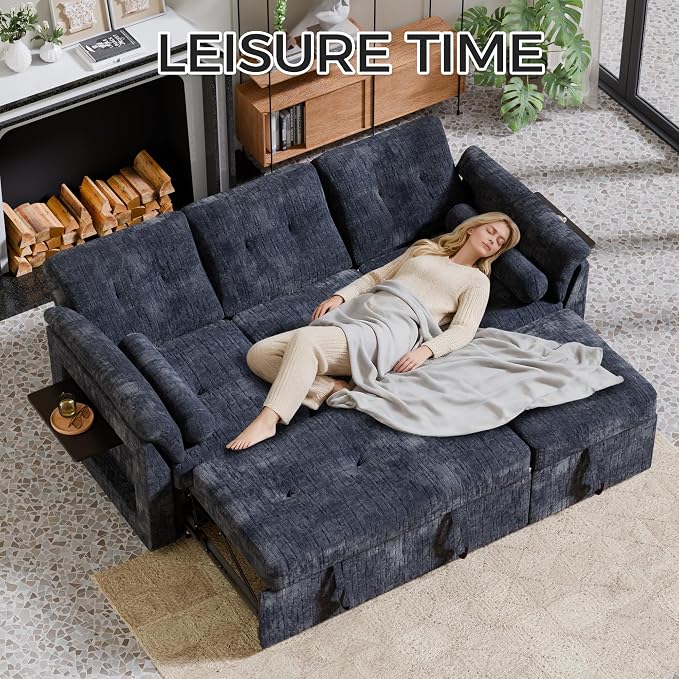 Convertible Sleeper Sofa Bed, 63 Inch Chenille Pull Out Couch - Image 6