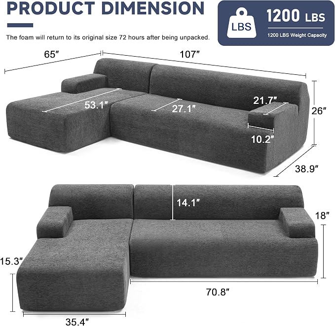 Weture 107" Modular Sectional Cloud Couch, Boneless couches Sponge sectionals - Image 2